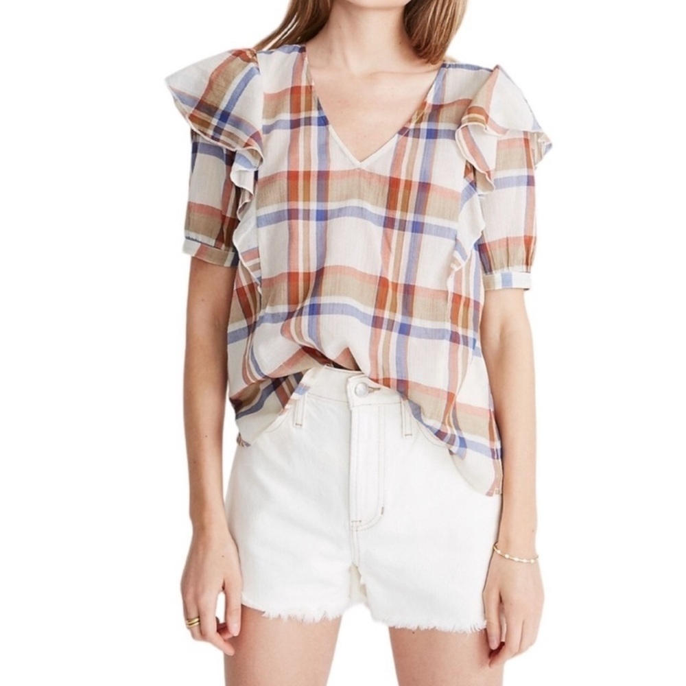 Madewell V-Neck Shoulder Ruffle Top Blouse Plaid Size Small